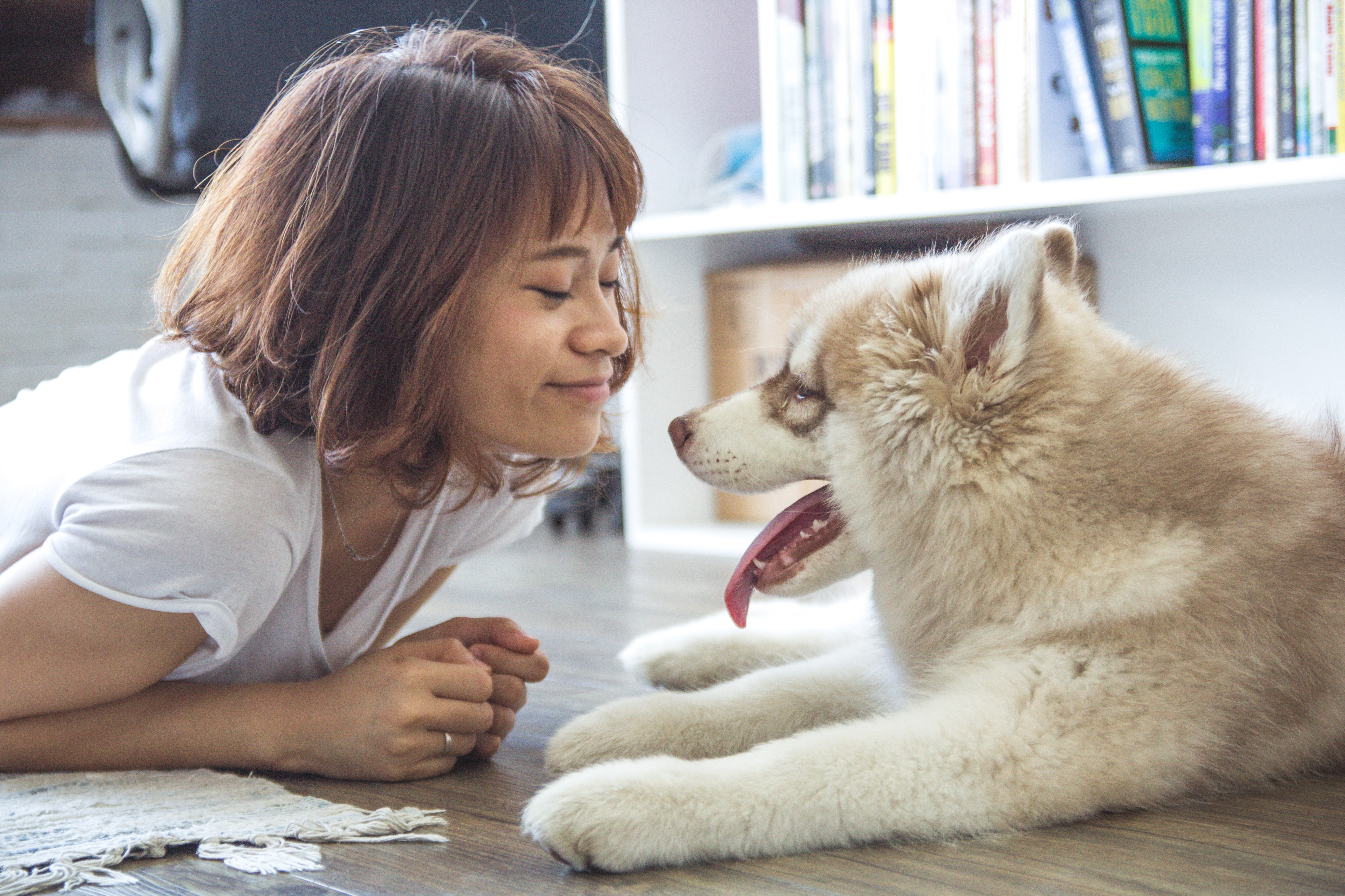 Mulher oriental e filhote de cachorro em frente a uma estante com livros